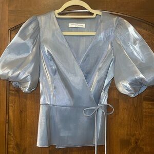 Amanda Uprichard Shimmering Light Blue Wrap Blouse